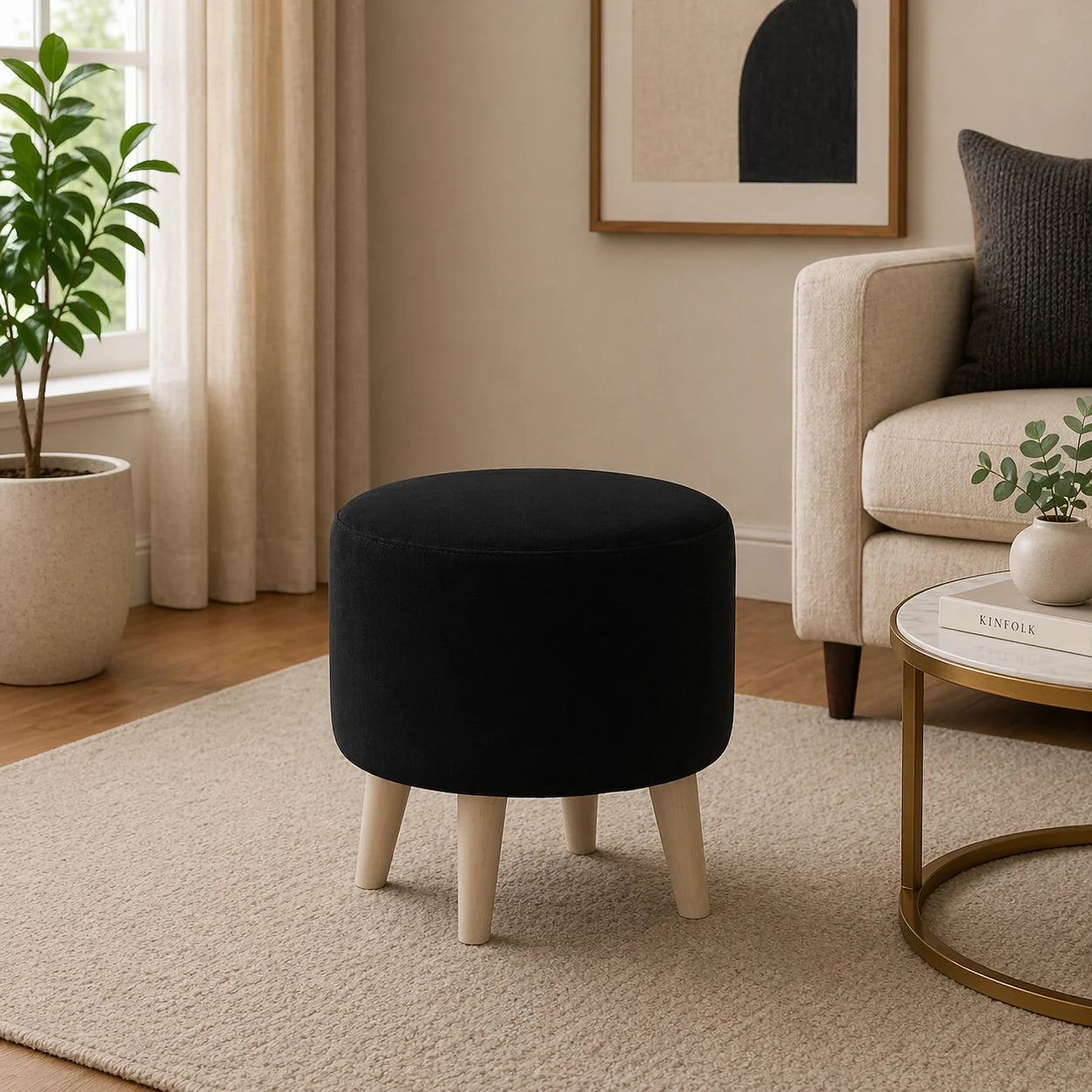 Parker Black Velvet Ottoman - Wood Legs