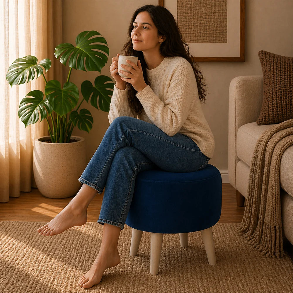 Parker Blue Velvet Ottoman - Wood Legs