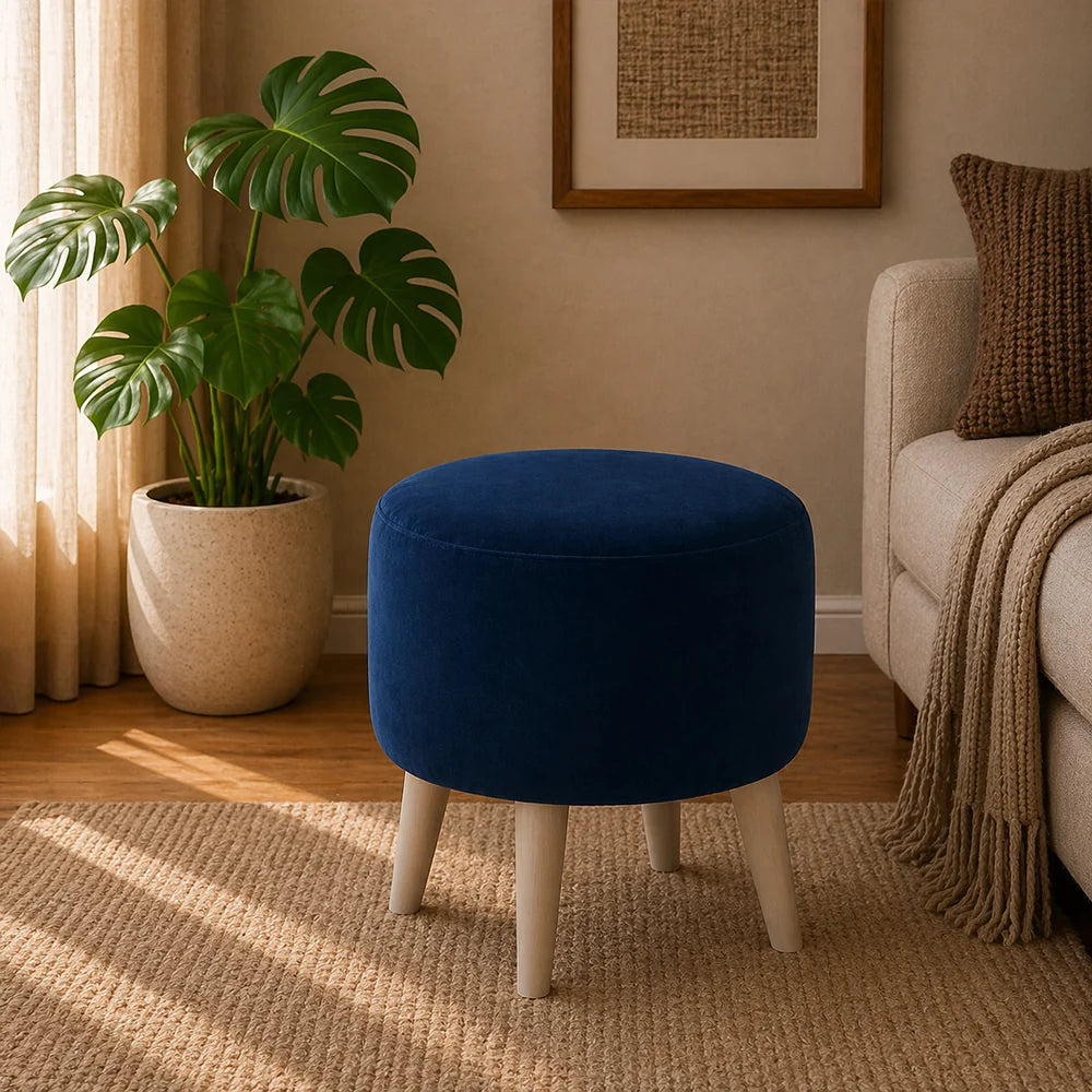 Parker Blue Velvet Ottoman - Wood Legs