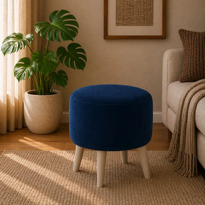 Parker Blue Velvet Ottoman - Wood Legs