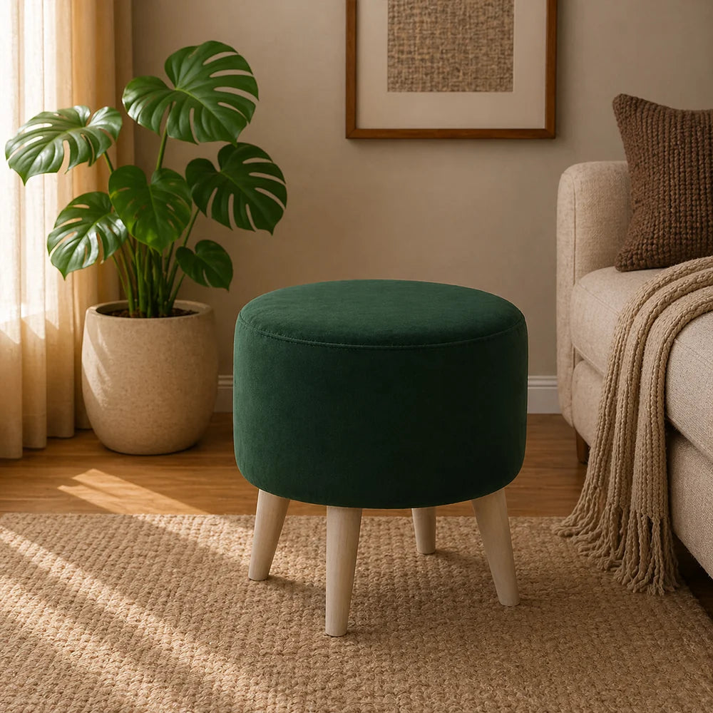 Parker Green Velvet Ottoman - Wood Legs