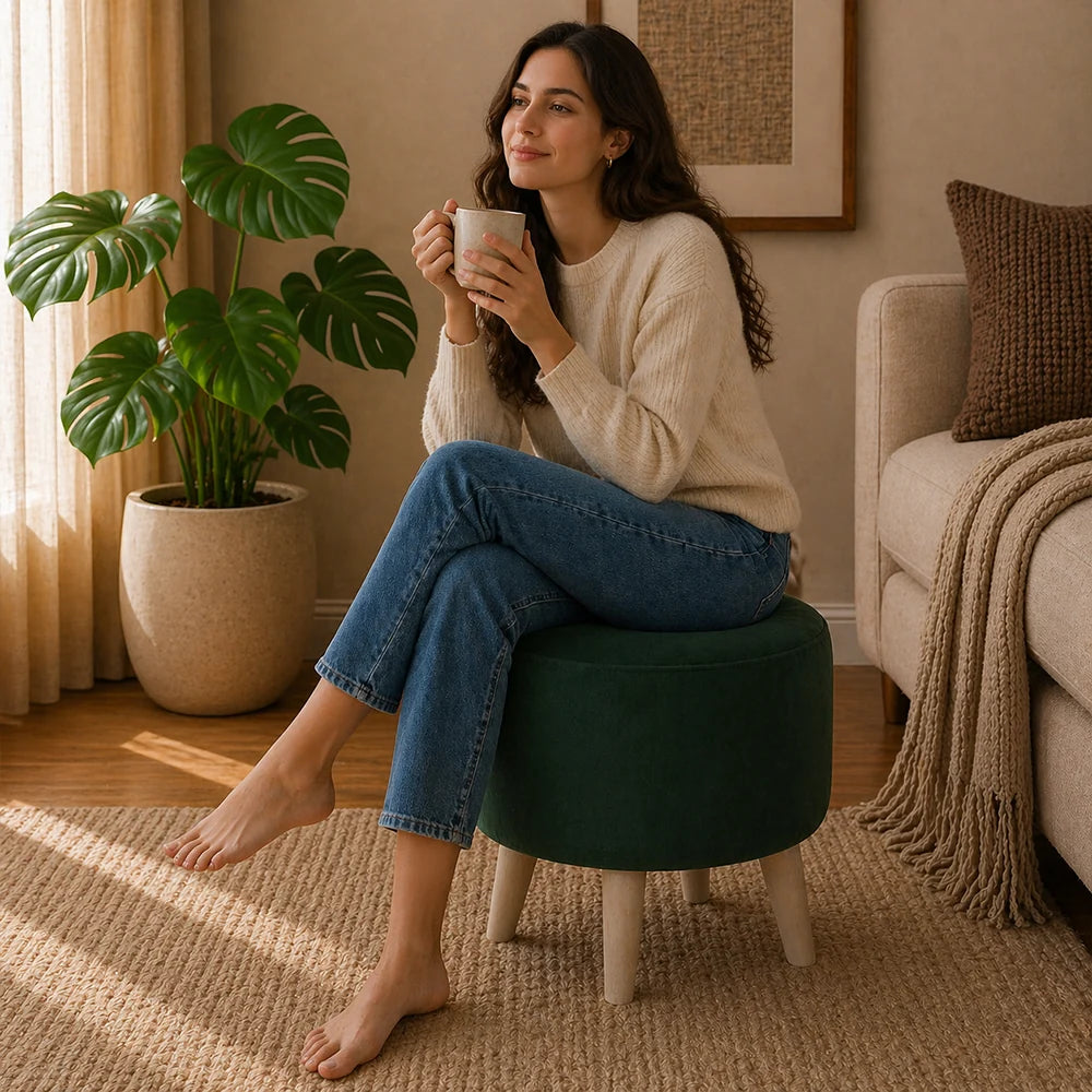 Parker Green Velvet Ottoman - Wood Legs