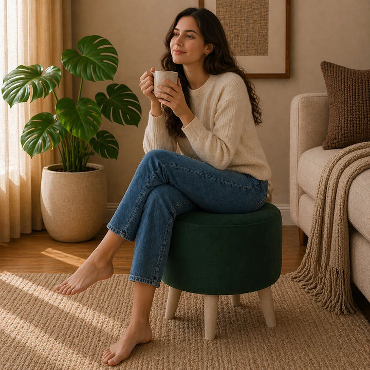 Parker Green Velvet Ottoman - Wood Legs