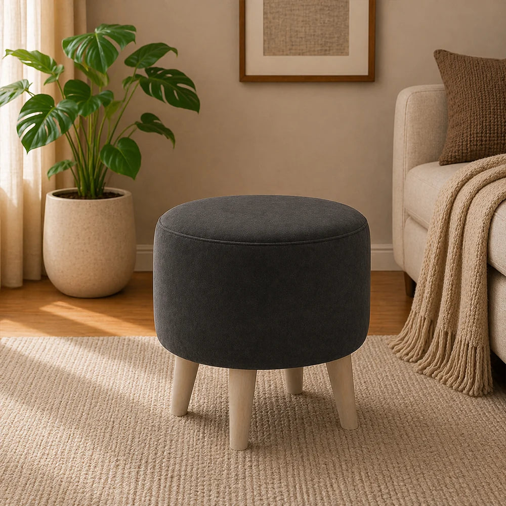 Parker Grey Velvet Ottoman - Wood Legs