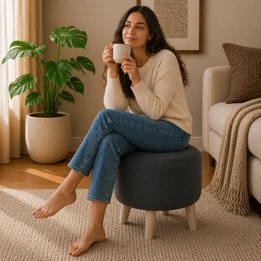 Parker Grey Velvet Ottoman - Wood Legs