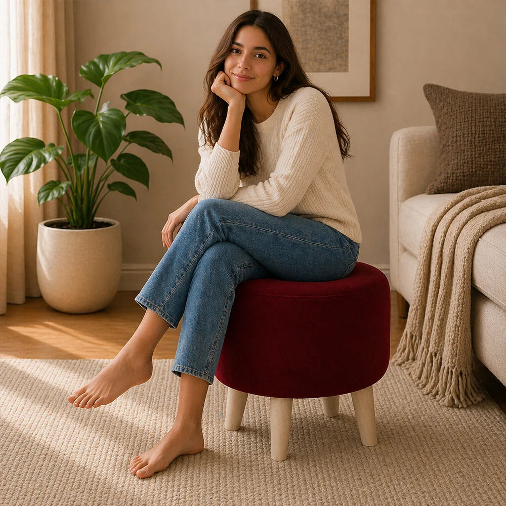 Parker Maroon Velvet Ottoman - Wood Legs