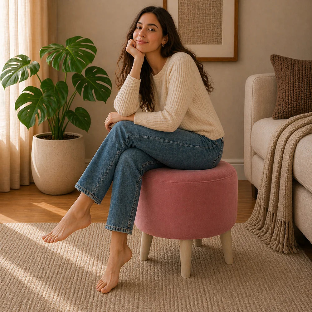 Parker Pink Velvet Ottoman - Wood Legs