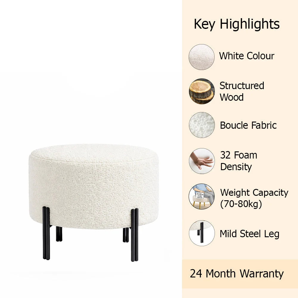 Premium Bouclé White Ottoman - Black Legs