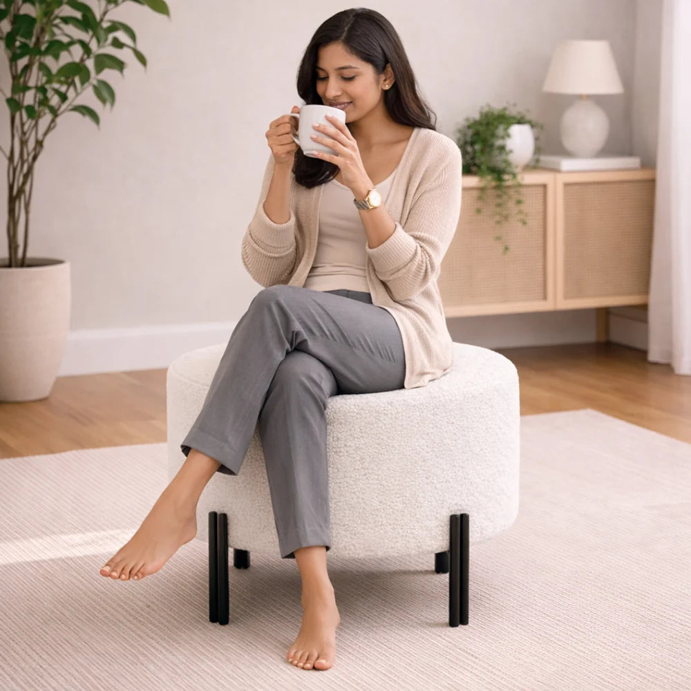 Premium Bouclé White Ottoman - Black Legs