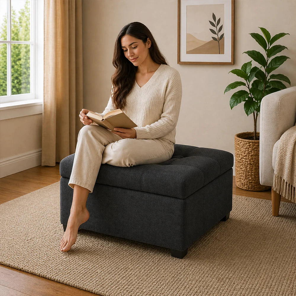 Tufted Storage Ottoman Bench Mustard Grey