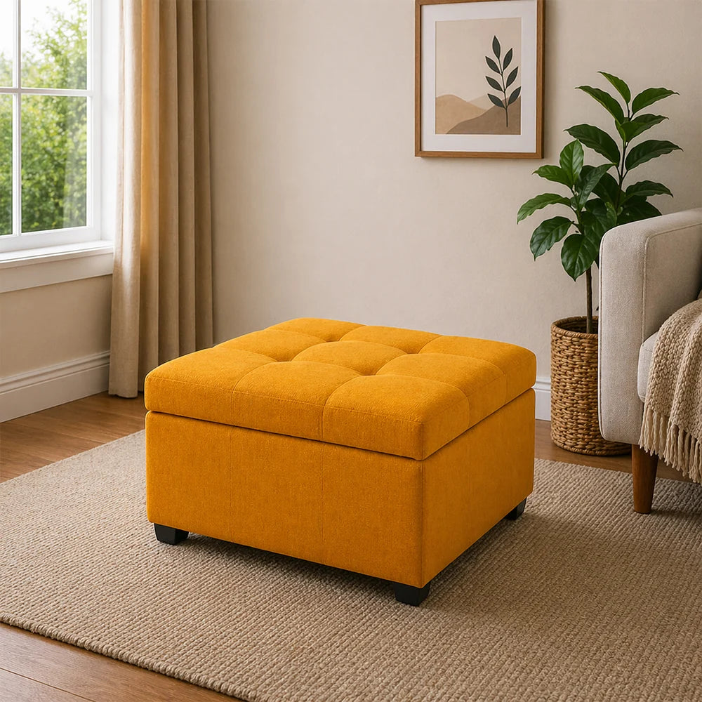 Tufted Storage Ottoman Bench Mustard Orange